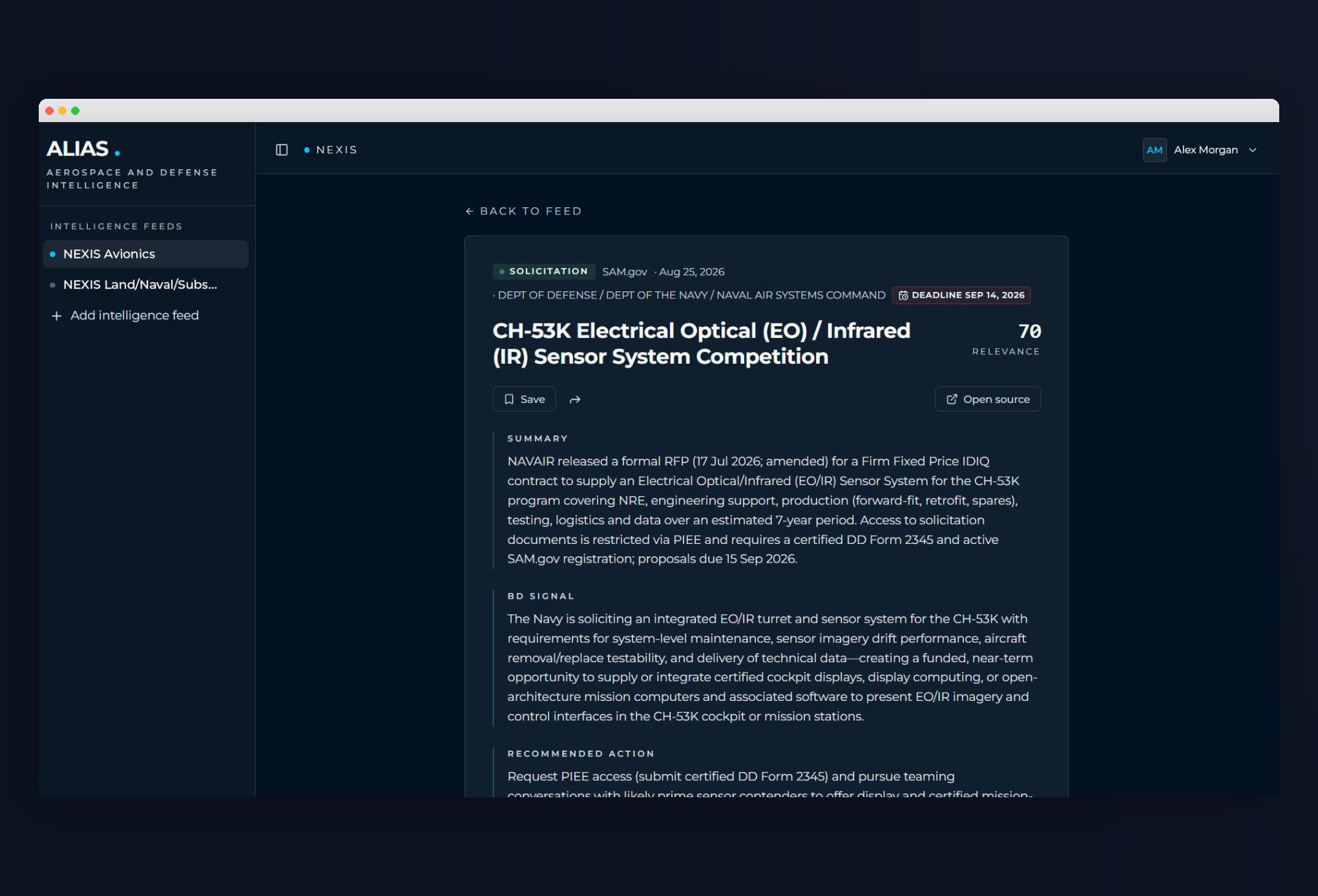 ALIAS item detail view showing summary, BD signal, and recommended action